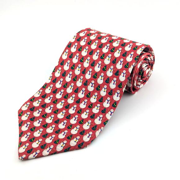 Vintage FN Mens Tie Silk Snowman Christmas Tree Novelty Print Red Made in USA - Picture 1 of 8